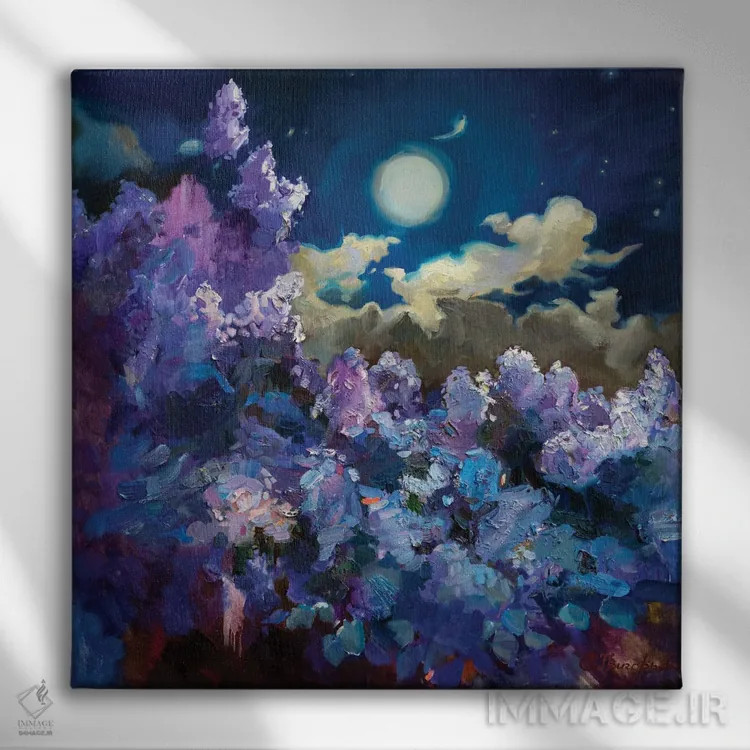 تابلو یاس بنفش در ماه کامل اثر آناستاسیا گریگوریوا - نمای روبهرو روی دیوار