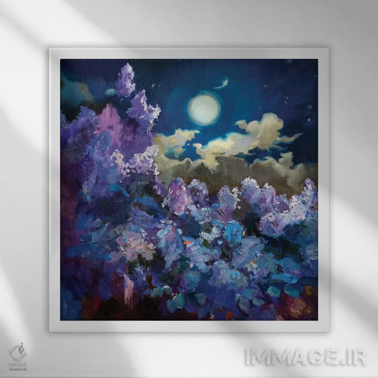 تابلو یاس بنفش در ماه کامل اثر آناستاسیا گریگوریوا - نمای قابدار سفید