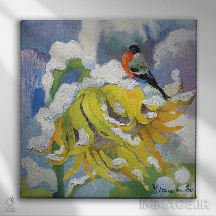 تابلو روز زمستانی گل آفتابگردان تابستانی اثر آناستاسیا گریگوریوا - نمای روبهرو روی دیوار