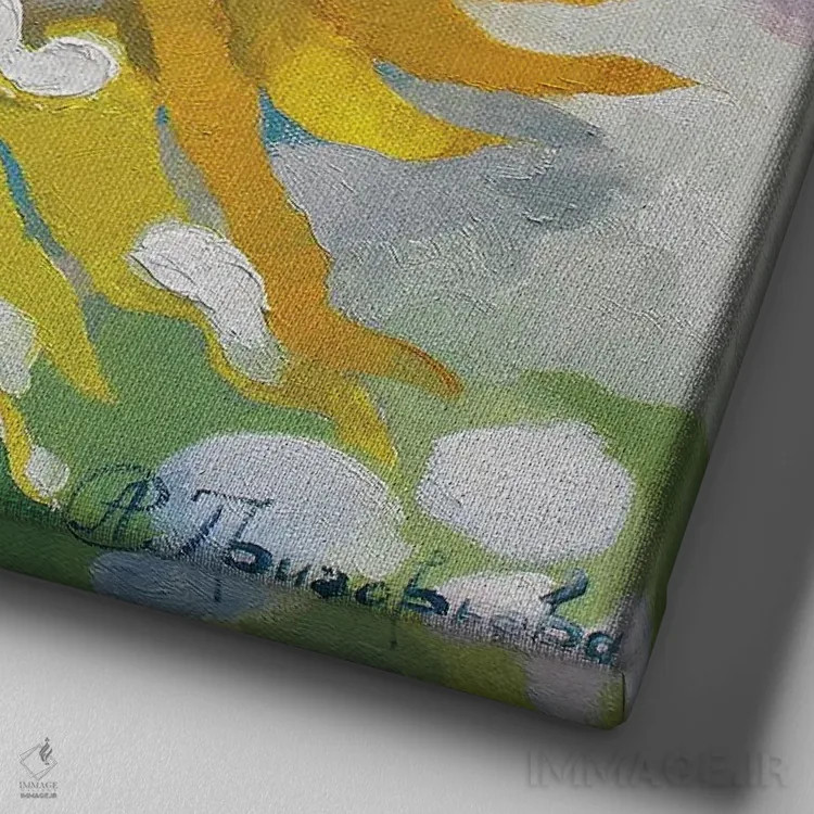 تابلو روز زمستانی گل آفتابگردان تابستانی اثر آناستاسیا گریگوریوا - نمای نزدیک بافت بوم