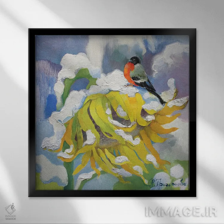 تابلو روز زمستانی گل آفتابگردان تابستانی اثر آناستاسیا گریگوریوا - نمای قابدار مشکی