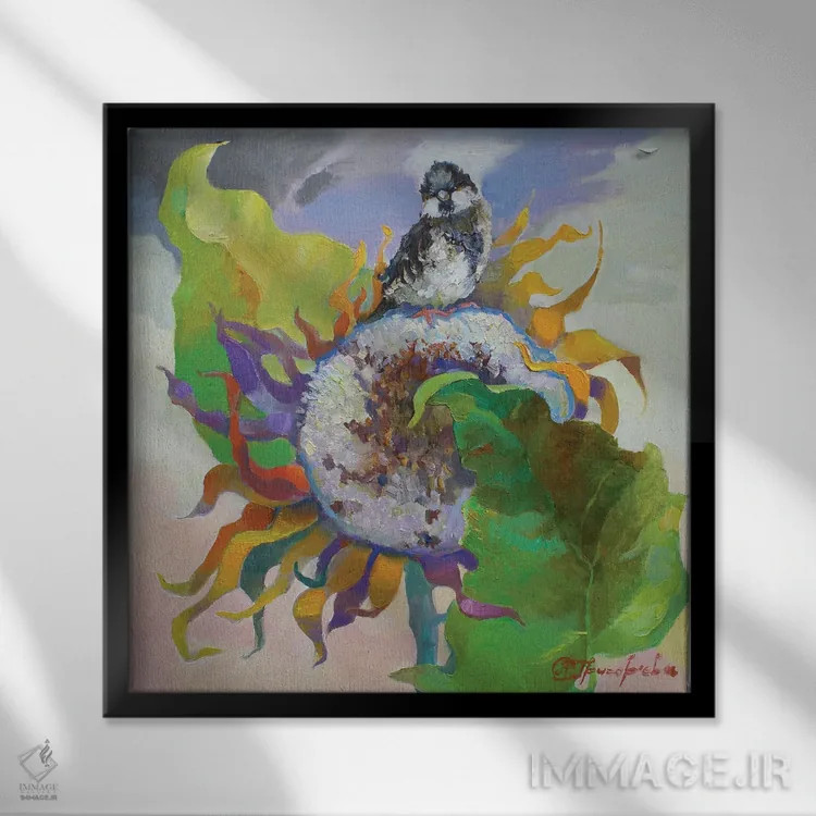 تابلو خماری با گل آفتابگردان اثر آناستاسیا گریگوریوا - نمای قابدار مشکی