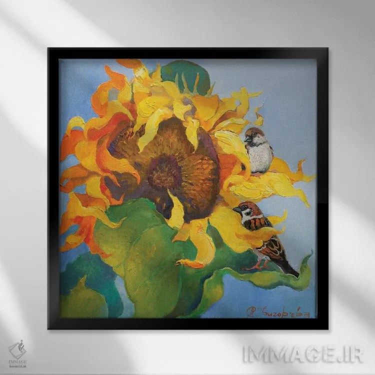 تابلو روز تابستانی بر گل آفتابگردان اثر آناستاسیا گریگوریوا - نمای قابدار مشکی