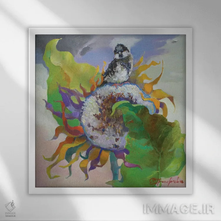 تابلو خماری با گل آفتابگردان اثر آناستاسیا گریگوریوا - نمای قابدار سفید