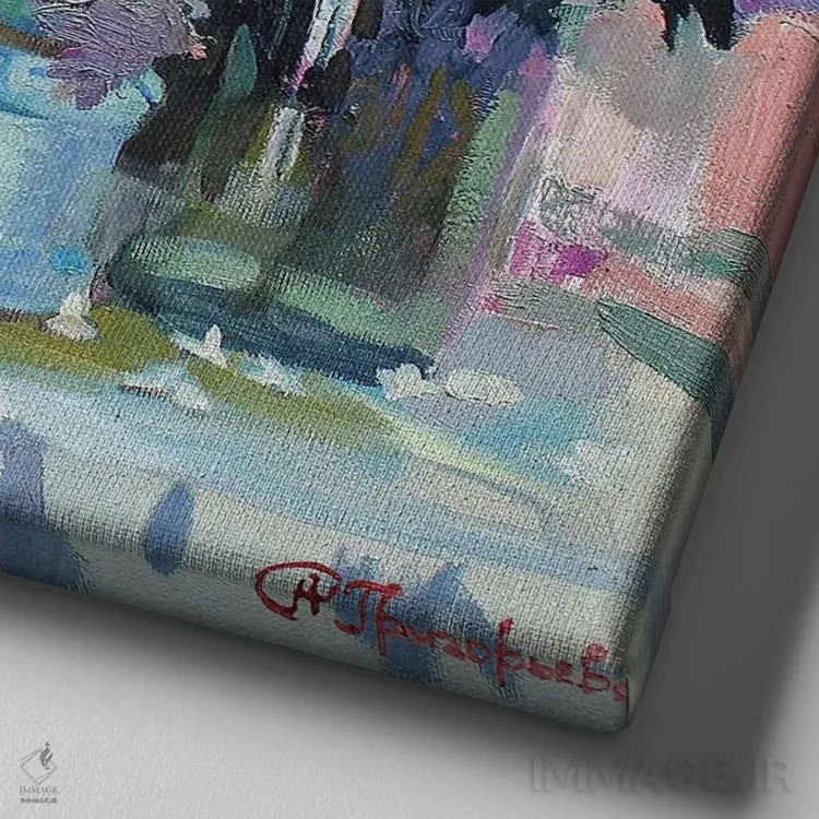 تابلو دستهگل بهاری اثر آناستاسیا گریگوریوا - نمای نزدیک بافت بوم