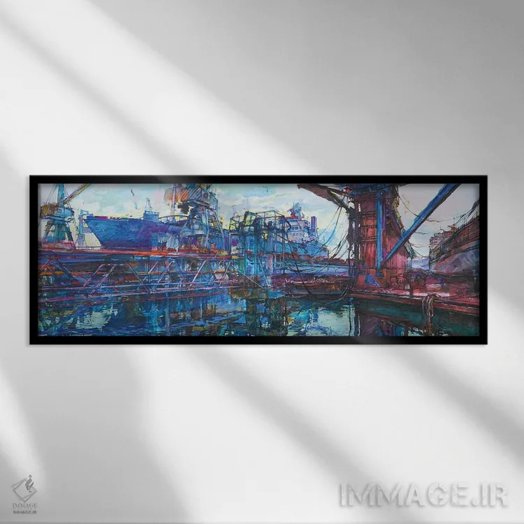 تابلو بندر با کشتیهای باری اثر اندریی کوتساچنکو - نمای قابدار مشکی