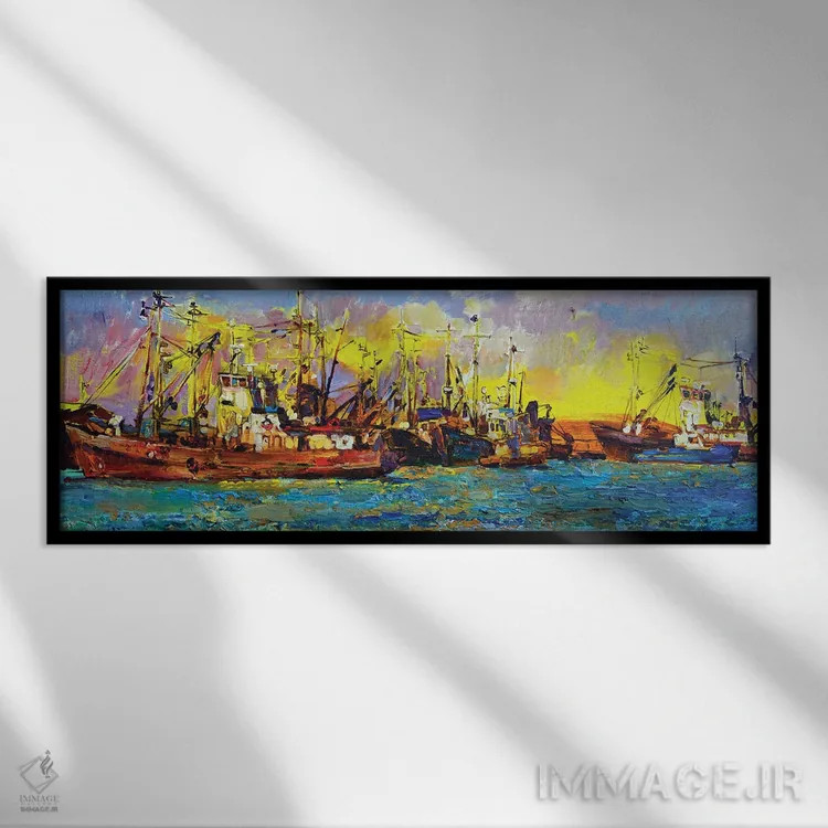 تابلو کشتیها و قایقهای بادبانی هنگام طلوع خورشید اثر اندریی کوتساچنکو - نمای قابدار مشکی