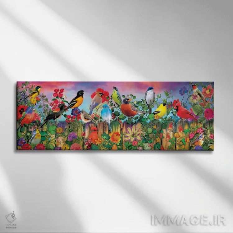 تابلو باغ پرندگان و شکوفهها I اثر ایمی استوارت - نمای روبهرو روی دیوار