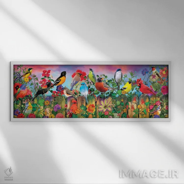 تابلو باغ پرندگان و شکوفهها I اثر ایمی استوارت - نمای قابدار سفید