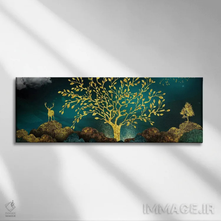 تابلو درخت طلایی و گوزنها اثر آرسی بسی - نمای روبهرو روی دیوار