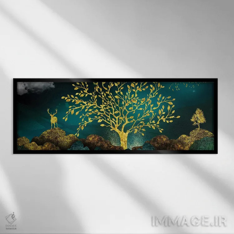 تابلو درخت طلایی و گوزنها اثر آرسی بسی - نمای قابدار مشکی