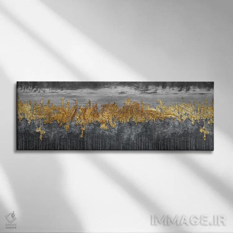 تابلو آبستره روستایی طلایی و خاکستری اثر آرسی بسی - نمای روبهرو روی دیوار