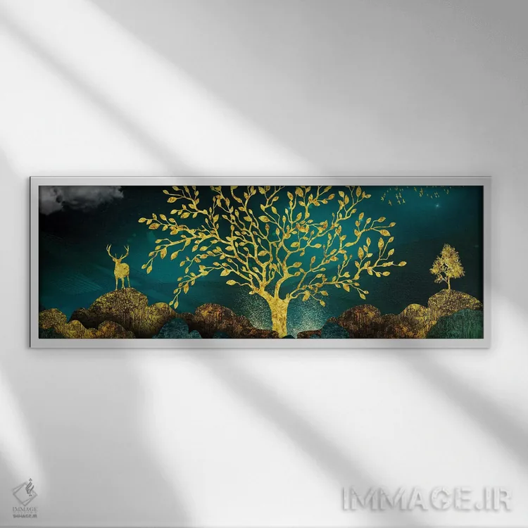 تابلو درخت طلایی و گوزنها اثر آرسی بسی - نمای قابدار سفید
