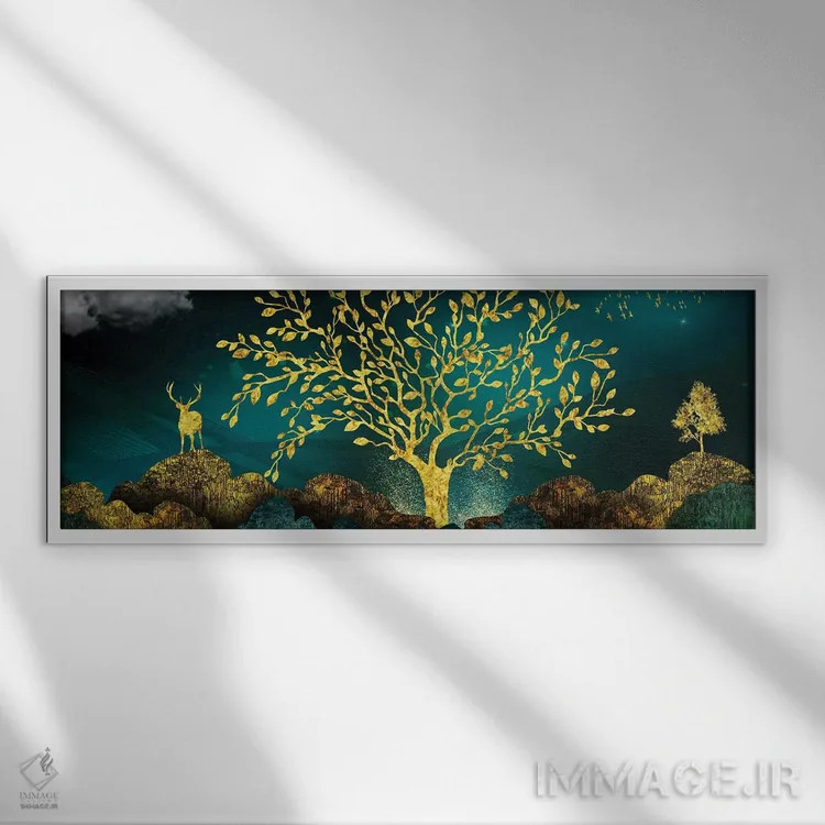 تابلو درخت طلایی و گوزنها اثر آرسی بسی - نمای قابدار سفید