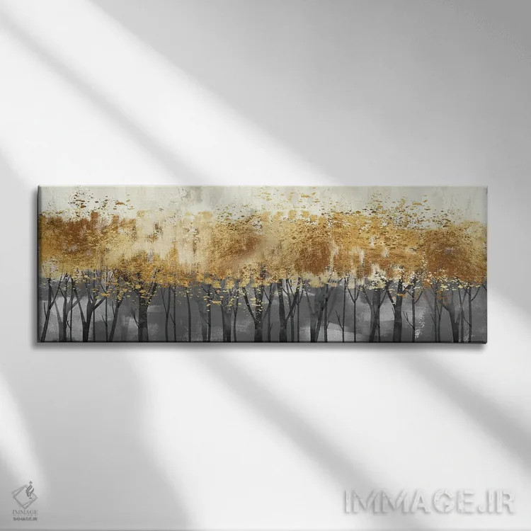 تابلو درختان جنگلی در طلایی و خاکستری اثر آرسی بسی - نمای روبهرو روی دیوار