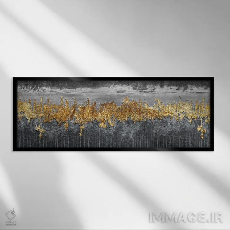 تابلو آبستره روستایی طلایی و خاکستری اثر آرسی بسی - نمای قابدار مشکی