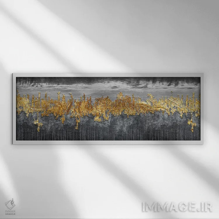 تابلو آبستره روستایی طلایی و خاکستری اثر آرسی بسی - نمای قابدار سفید