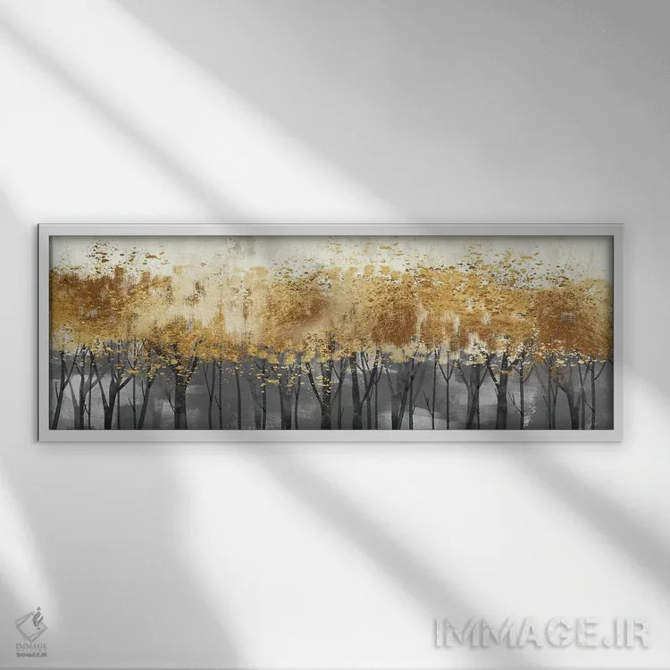 تابلو درختان جنگلی در طلایی و خاکستری اثر آرسی بسی - نمای قابدار سفید