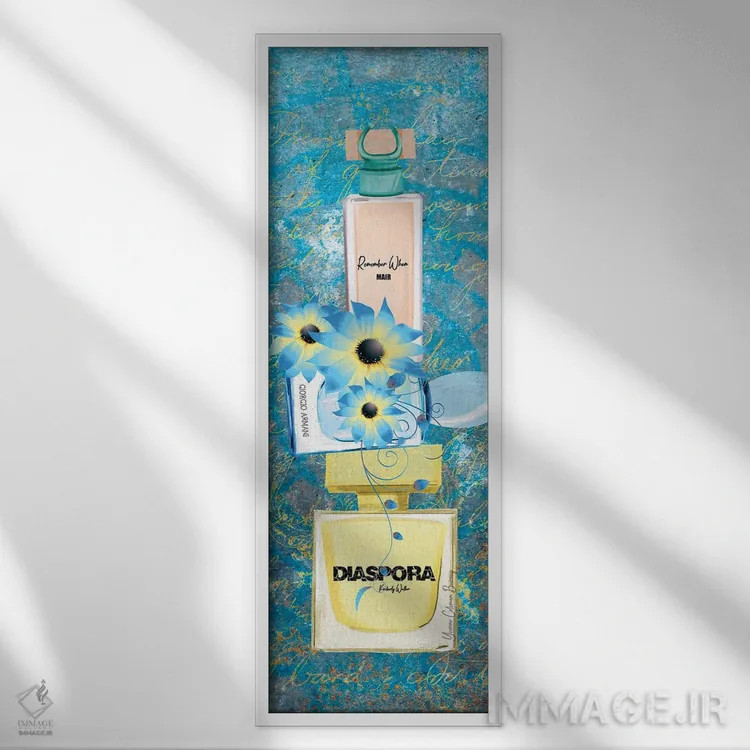 تابلو پاشش آبی اثر هنرِ چونی - نمای قابدار سفید