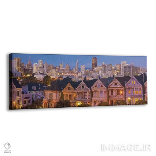 تابلو سانفرانسیسکو، کالیفرنیا، خانههای ویکتوریایی و شهر در غروب اثر بیل باخمن - نمای پرسپکتیو محصول