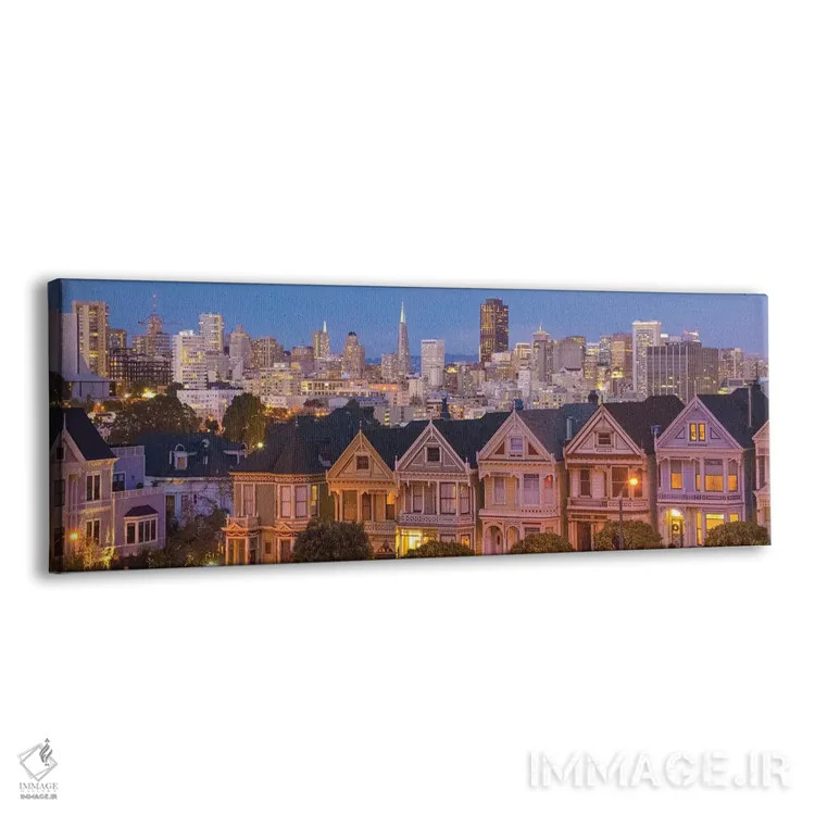 تابلو سانفرانسیسکو، کالیفرنیا، خانههای ویکتوریایی و شهر در غروب اثر بیل باخمن - نمای پرسپکتیو محصول