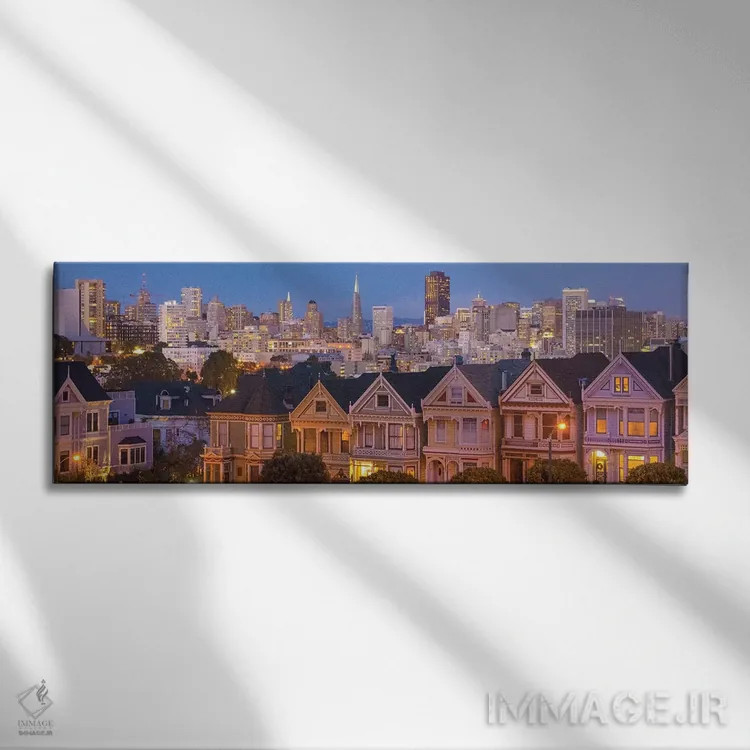 تابلو سانفرانسیسکو، کالیفرنیا، خانههای ویکتوریایی و شهر در غروب اثر بیل باخمن - نمای روبهرو روی دیوار