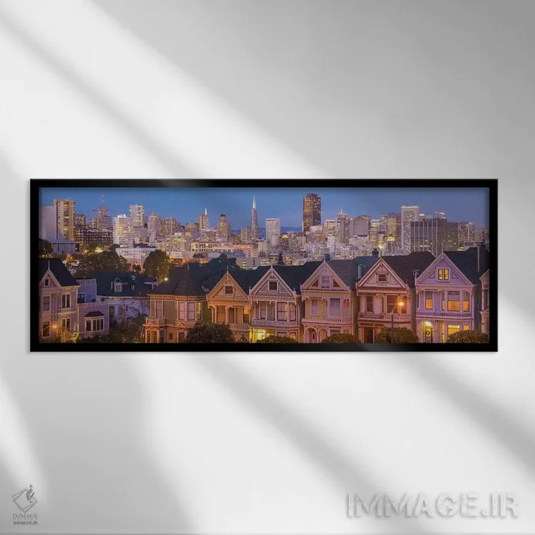 تابلو سانفرانسیسکو، کالیفرنیا، خانههای ویکتوریایی و شهر در غروب اثر بیل باخمن - نمای قابدار مشکی
