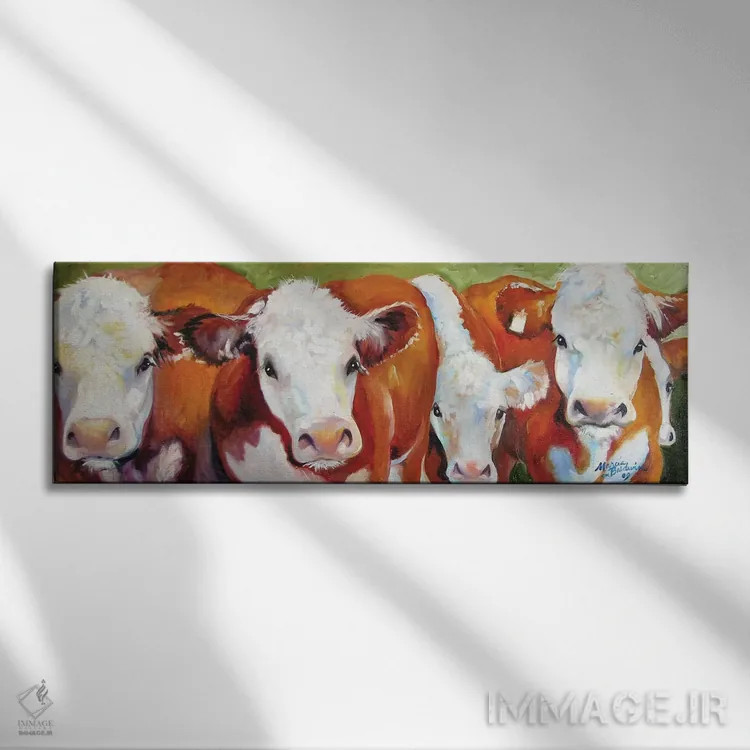 تابلو پنج گاو فوقالعاده اثر مارسیا بالدویین - نمای روبهرو روی دیوار