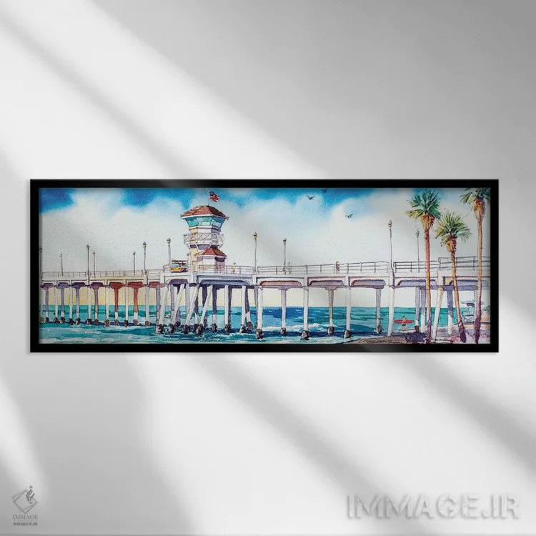 تابلو اسکله هانتینگتون بیچ اثر بیل درایزدیل - نمای قابدار مشکی