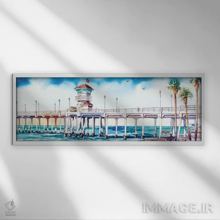تابلو اسکله هانتینگتون بیچ اثر بیل درایزدیل - نمای قابدار سفید