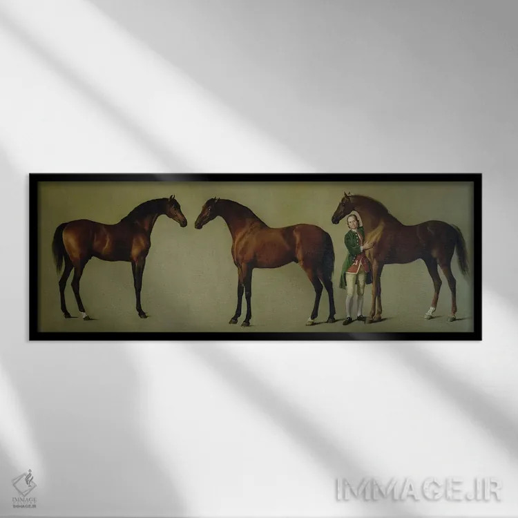 تابلو the Groom, 1762,"ویسلجکت" و دو اسب نر دیگر با سایمون کاب، مهتر اسب، ۱۷۶۲ اثر جورج استابز (نقاش حیوانات انگلیسی) - نمای قابدار مشکی