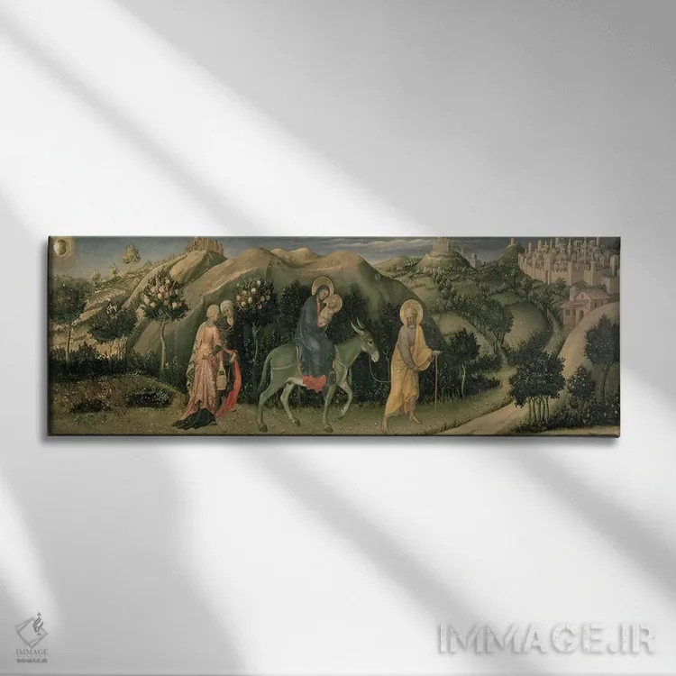 تابلو نیایش مجوس؛ پنل مرکزی محراب با تصویر فرار به مصر، ۱۴۲۳ اثر جنتیله دا فابریانو (نقاش ایتالیایی سبک بینالمللی گوتیک) - نمای روبهرو روی دیوار