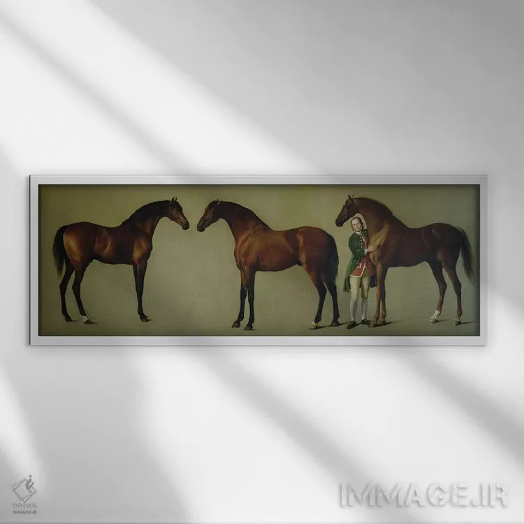 تابلو the Groom, 1762,"ویسلجکت" و دو اسب نر دیگر با سایمون کاب، مهتر اسب، ۱۷۶۲ اثر جورج استابز (نقاش حیوانات انگلیسی) - نمای قابدار سفید