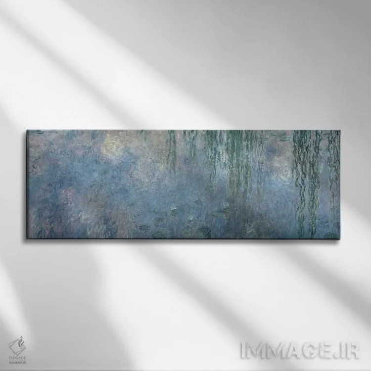 تابلو نیلوفرهای آبی: صبح با بید مجنون، بخش مرکزی، ۱۹۱۴-۱۸ اثر کلود مونه (نقاش معروف فرانسوی) - نمای روبهرو روی دیوار