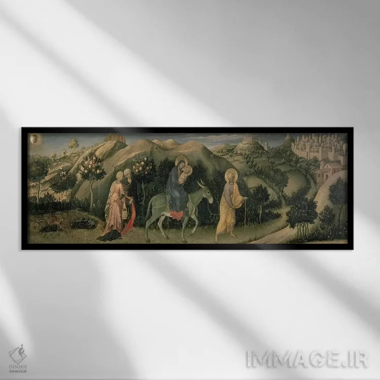 تابلو نیایش مجوس؛ پنل مرکزی محراب با تصویر فرار به مصر، ۱۴۲۳ اثر جنتیله دا فابریانو (نقاش ایتالیایی سبک بینالمللی گوتیک) - نمای قابدار مشکی