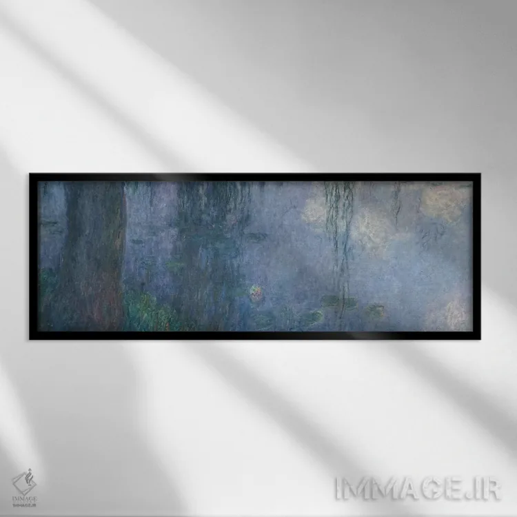 تابلو نیلوفرهای آبی: صبح با بید مجنون، بخش چپ، ۱۹۱۴-۱۸ اثر کلود مونه (نقاش معروف فرانسوی) - نمای قابدار مشکی