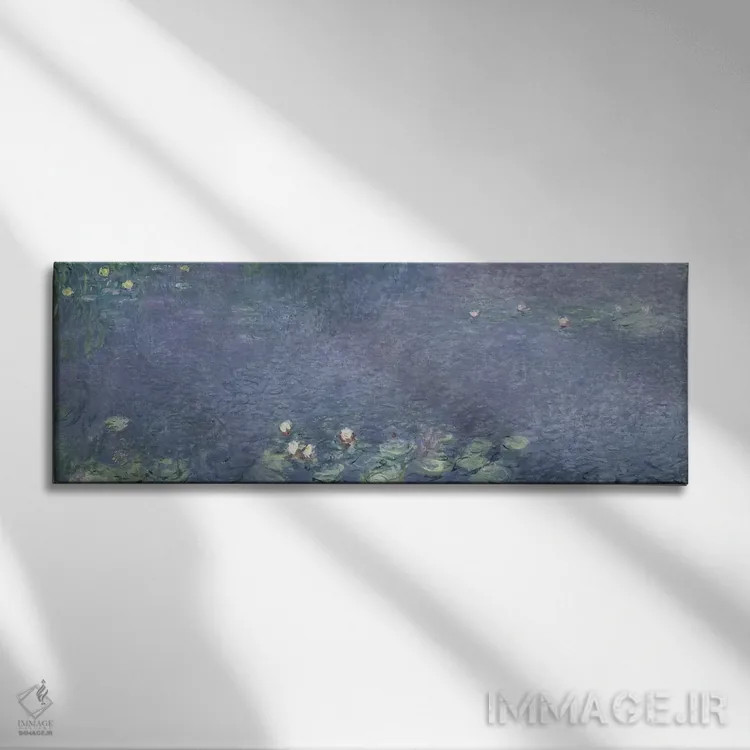 تابلو نیلوفرهای آبی: صبح، ۱۹۱۴-۱۸ اثر کلود مونه (نقاش معروف فرانسوی) - نمای روبهرو روی دیوار