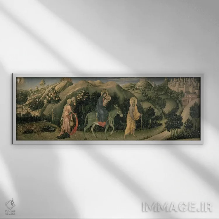 تابلو نیایش مجوس؛ پنل مرکزی محراب با تصویر فرار به مصر، ۱۴۲۳ اثر جنتیله دا فابریانو (نقاش ایتالیایی سبک بینالمللی گوتیک) - نمای قابدار سفید