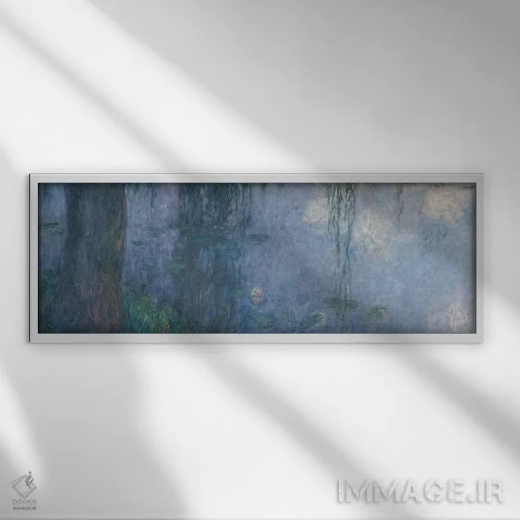 تابلو نیلوفرهای آبی: صبح با بید مجنون، بخش چپ، ۱۹۱۴-۱۸ اثر کلود مونه (نقاش معروف فرانسوی) - نمای قابدار سفید