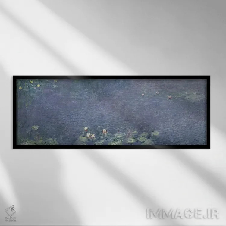 تابلو نیلوفرهای آبی: صبح، ۱۹۱۴-۱۸ اثر کلود مونه (نقاش معروف فرانسوی) - نمای قابدار مشکی