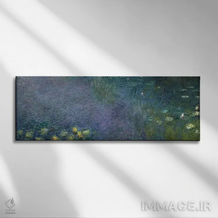 تابلو نیلوفرهای آبی: صبح، ۱۹۱۴-۱۸ اثر کلود مونه (نقاش معروف فرانسوی) - نمای روبهرو روی دیوار