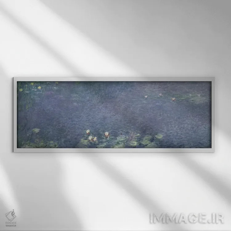 تابلو نیلوفرهای آبی: صبح، ۱۹۱۴-۱۸ اثر کلود مونه (نقاش معروف فرانسوی) - نمای قابدار سفید