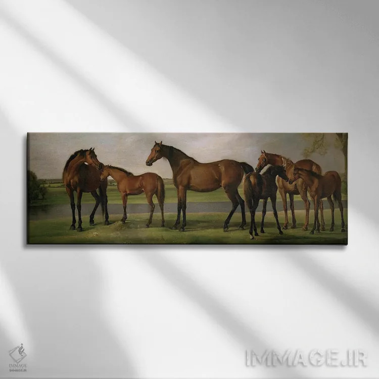 تابلو 1764-66,مباورهاها و کرهاسبها نگران از نزدیک شدن طوفان، ۱۷۶۴-۶۶ اثر جورج استابز (نقاش حیوانات انگلیسی) - نمای روبهرو روی دیوار