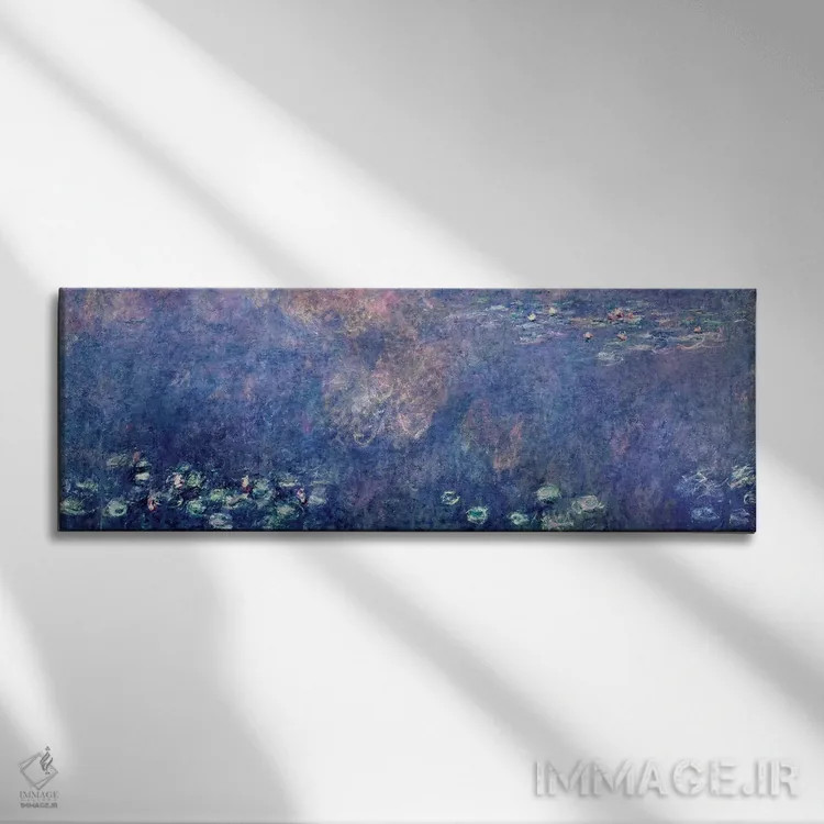 تابلو centre left section, 1914-18,نیلوفرهای آبی: دو درخت بید گریان، بخش چپ وسط، ۱۹۱۴-۱۸ اثر کلود مونه (نقاش معروف فرانسوی) - نمای روبهرو روی دیوار