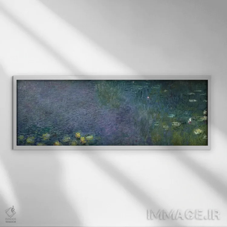 تابلو نیلوفرهای آبی: صبح، ۱۹۱۴-۱۸ اثر کلود مونه (نقاش معروف فرانسوی) - نمای قابدار سفید
