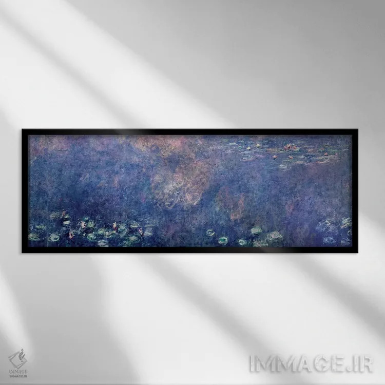 تابلو centre left section, 1914-18,نیلوفرهای آبی: دو درخت بید گریان، بخش چپ وسط، ۱۹۱۴-۱۸ اثر کلود مونه (نقاش معروف فرانسوی) - نمای قابدار مشکی