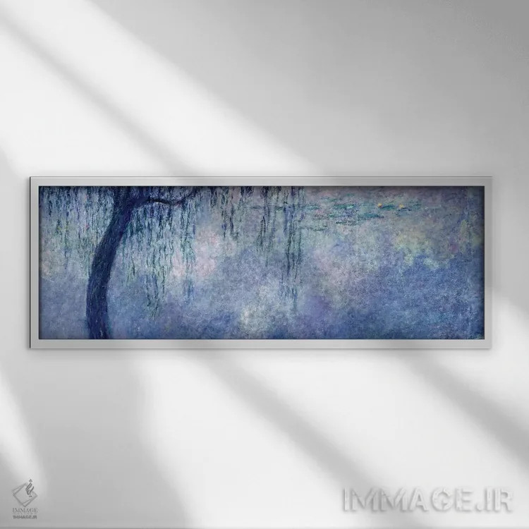 تابلو left section, 1914-18,نیلوفرهای آبی: دو درخت بید گریان، بخش چپ، ۱۹۱۴-۱۸ اثر کلود مونه (نقاش معروف فرانسوی) - نمای قابدار سفید