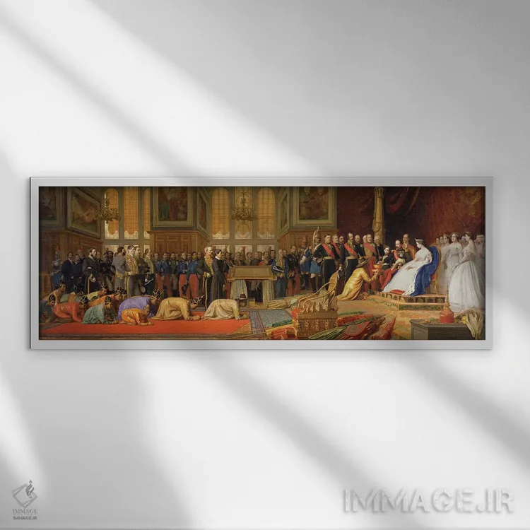 تابلو 27 June 1861,پذیرایی از سفیران سیامی توسط امپراتور ناپلئون سوم در کاخ فونتنبلو، ۲۷ ژوئن ۱۸۶۱ اثر ژان لئون ژروم (نقاش فرانسوی) - نمای قابدار سفید