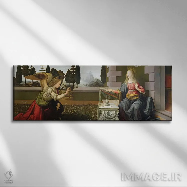 تابلو بشارت، ۱۴۷۲-۷۵ (نقاشی معنویتی) اثر لئوناردو داوینچی (نقاش و مخترع ایتالیایی) - نمای روبهرو روی دیوار