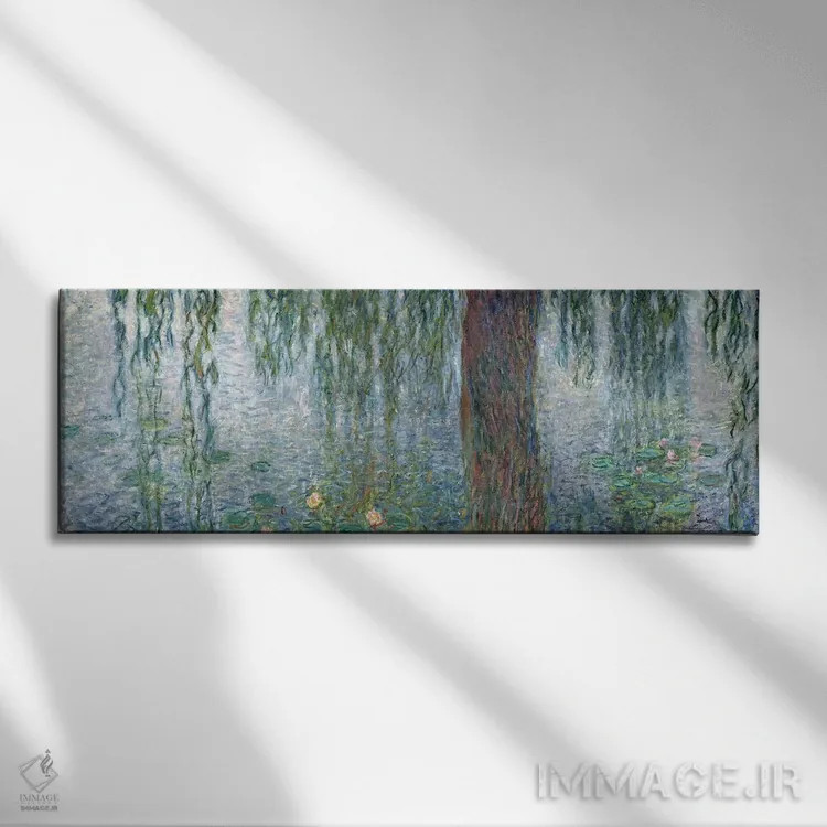 تابلو نیلوفرهای آبی: صبح با بید مجنون، جزئیات بخش چپ، ۱۹۱۵-۲۶ اثر کلود مونه (نقاش معروف فرانسوی) - نمای روبهرو روی دیوار